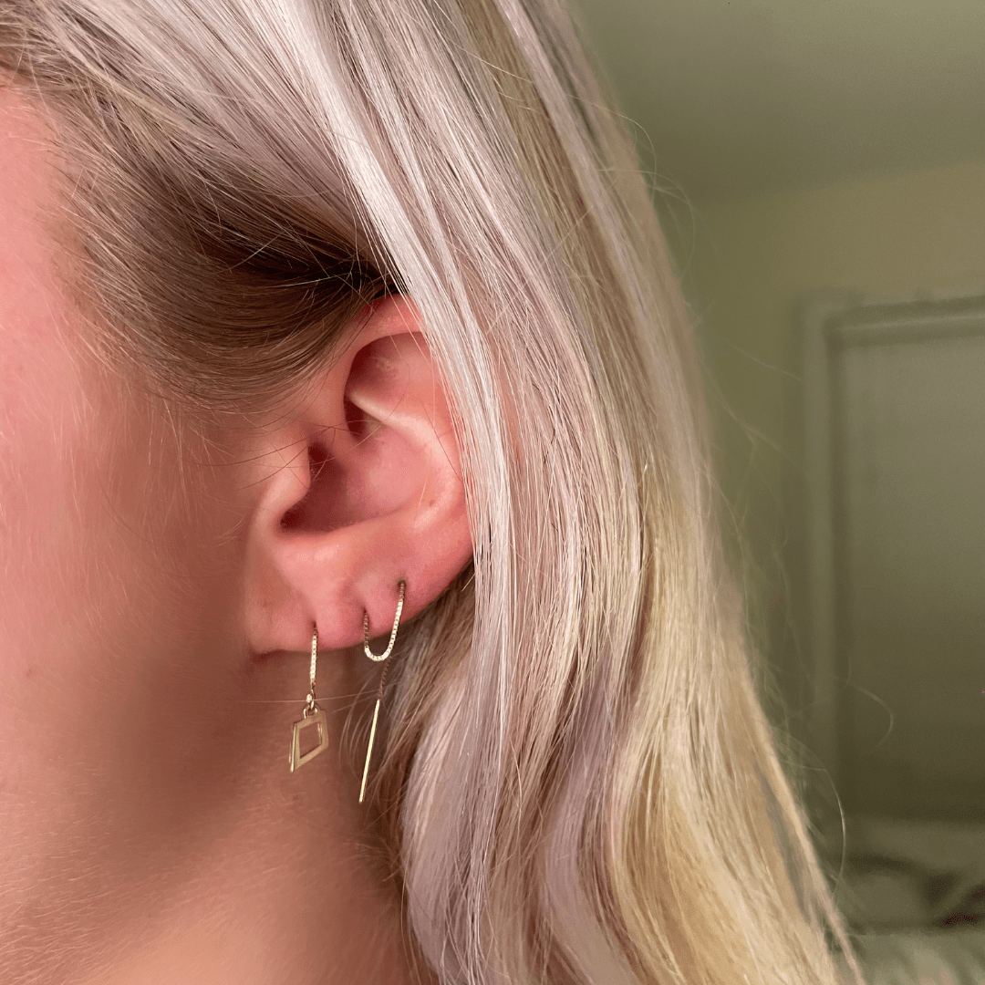 Gold Kappa Alpha Theta Kite Threader Earring styled in 3 piercings | mazi + zo sorority jewelry