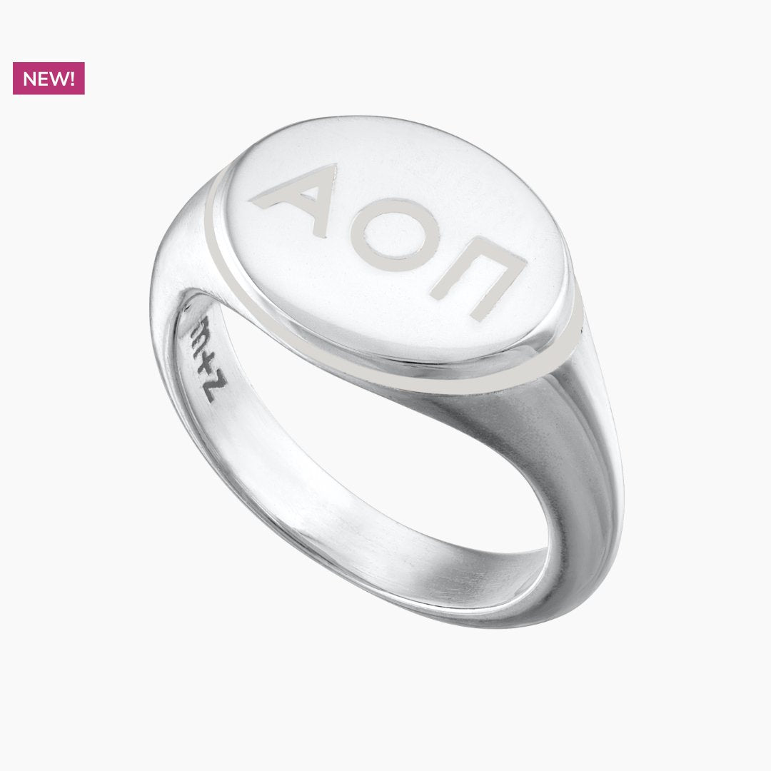 Alpha Omicron Pi Signet Ring | Humble Gray | mazi + zo sorority jewelry