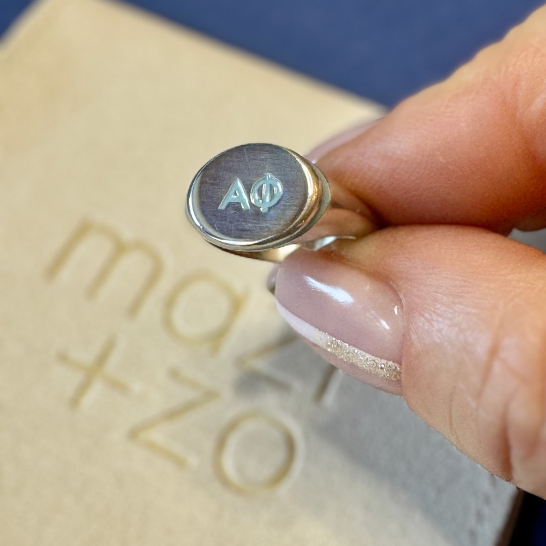 Alpha Phi Signet Ring in Powder Blue | mazi + zo sorority jewelry