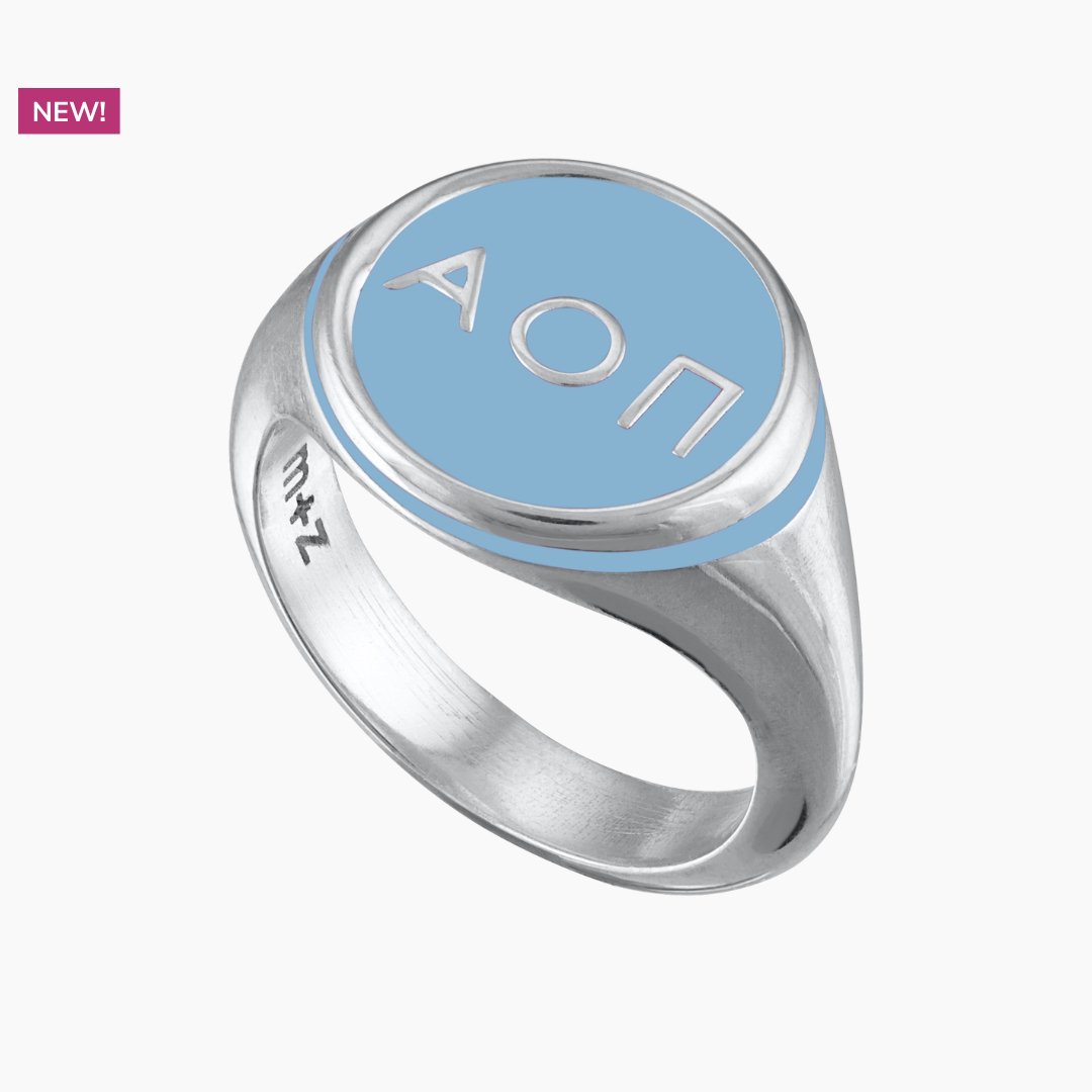 Alpha Omicron Pi Round Signet Ring in Light Blue | mazi + zo sorority jewelry