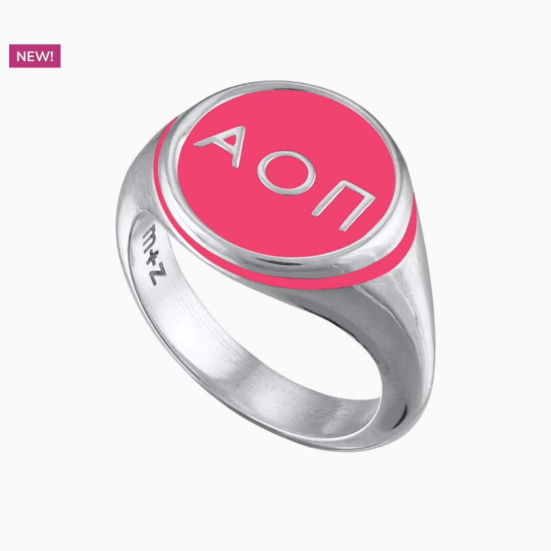 Alpha Omicron Pi Round Signet Ring in Pink | mazi + zo sorority jewelry