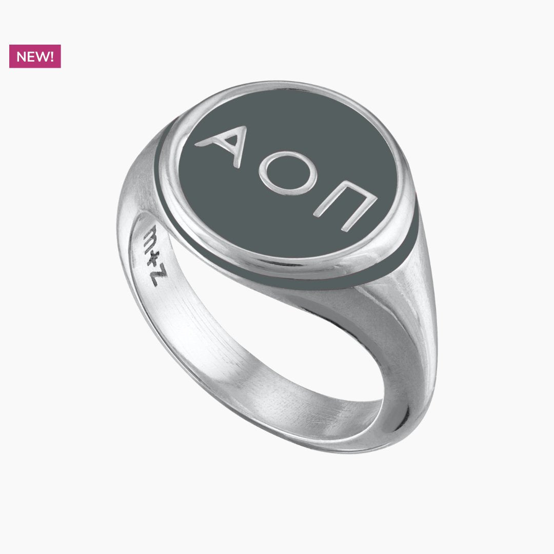 Alpha Omicron Pi Round Signet Ring in Dark Gray | mazi + zo sorority jewelry