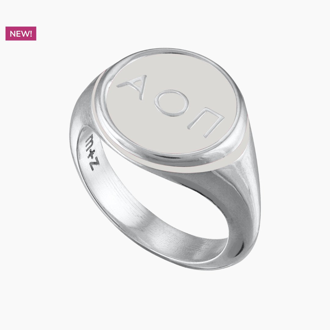 Alpha Omicron Pi Round Signet Ring in Light Gray | mazi + zo sorority jewelry