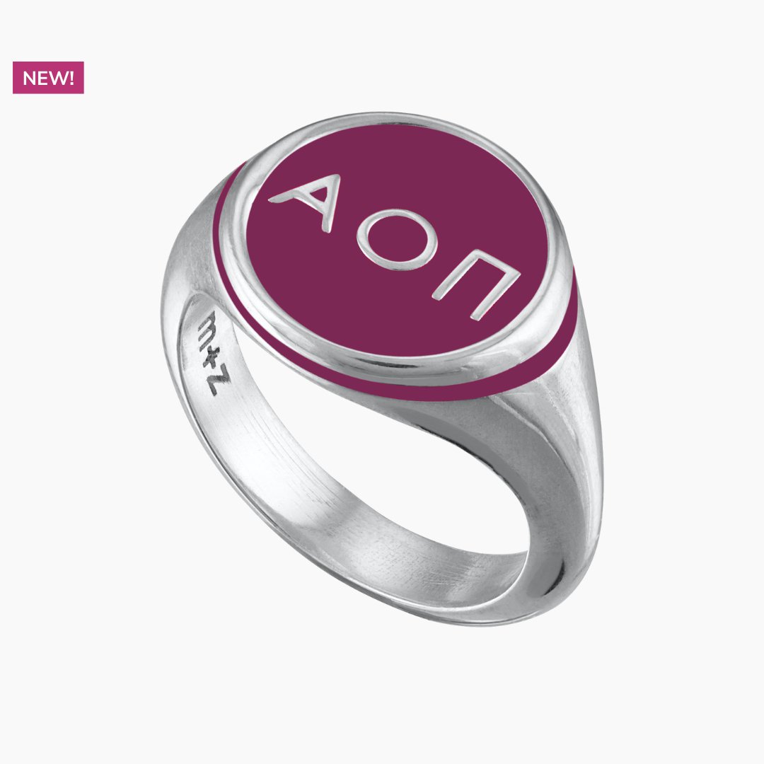 Alpha Omicron Pi Round Signet Ring in Purple | mazi + zo sorority jewelry