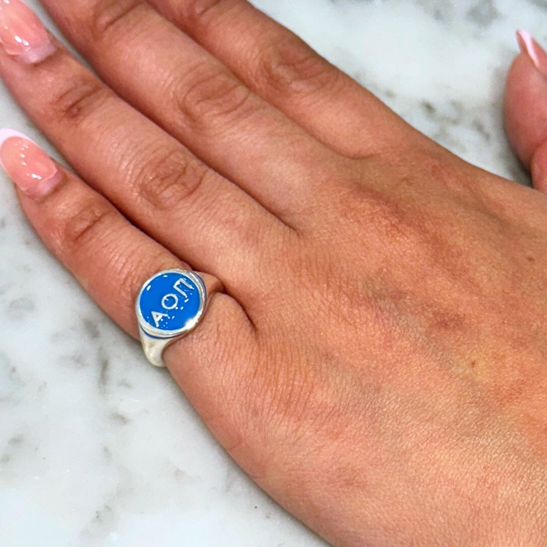 Alpha Omicron Pi Round Signet Ring in Arthritis Blue | mazi + zo sorority jewelry