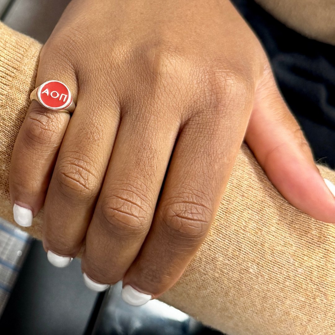 Alpha Omicron Pi Round Signet Ring in Confident Coral | mazi + zo sorority jewelry