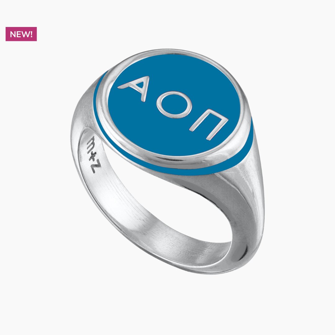 Alpha Omicron Pi Round Signet Ring in Blue | mazi + zo sorority jewelry