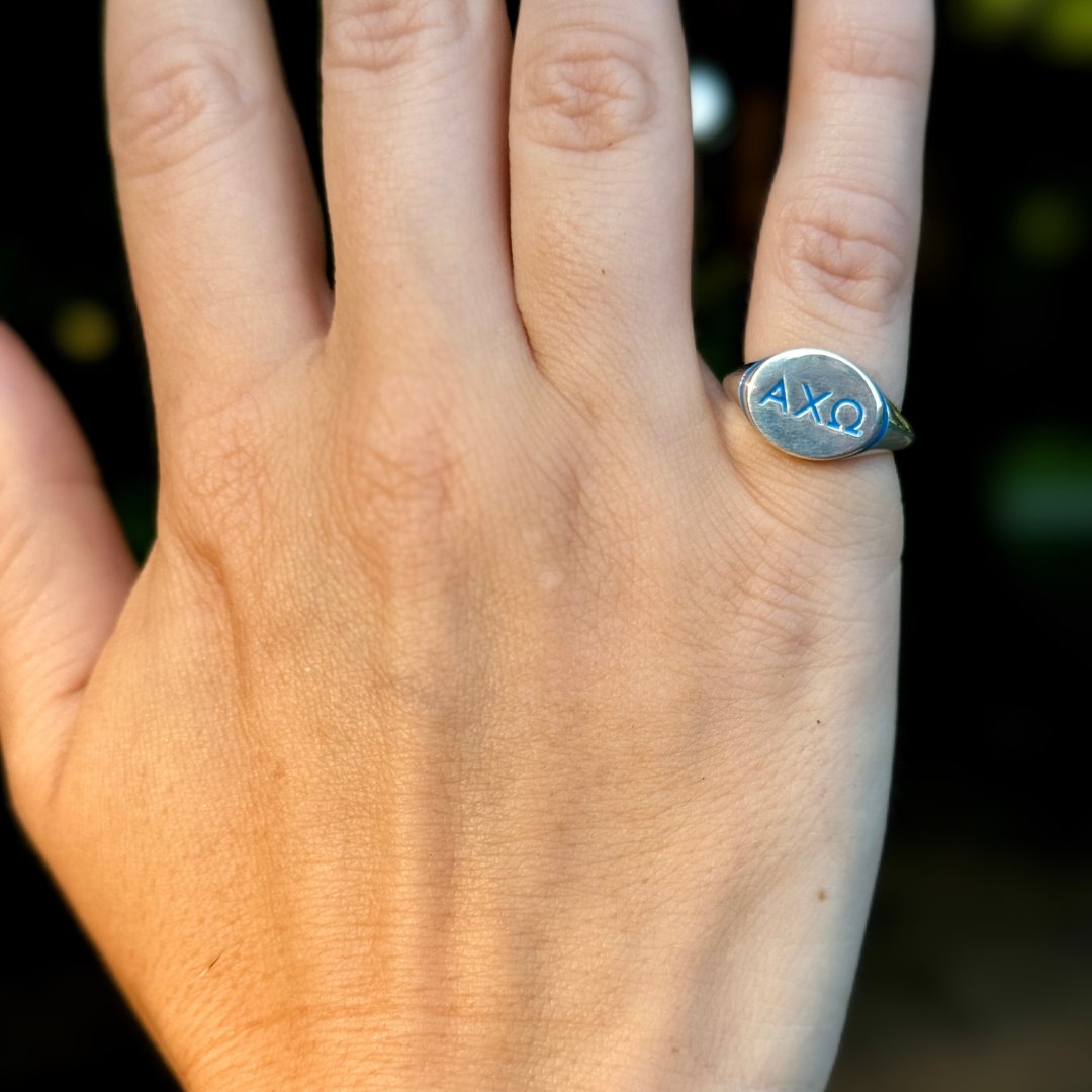 Alpha Chi Omega Signet Ring in Vega Blue | mazi + zo sorority jewelry