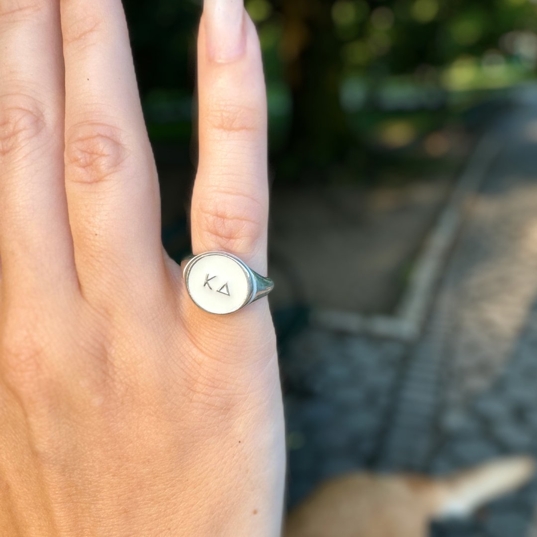 Kappa Delta Signet Ring in Pearl White | mazi + zo sorority jewelry