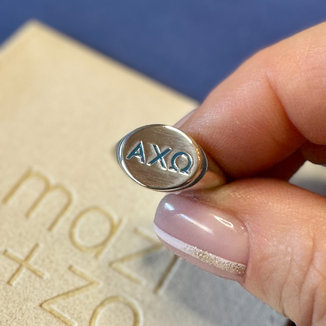 Alpha Chi Omega Signet Ring in Vega Blue | mazi + zo sorority jewelry